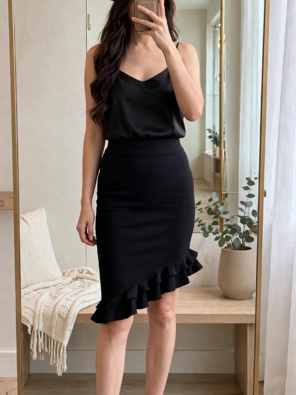 Black Pencil Skirt Asymmetric Ruffle Hem Knee Length S